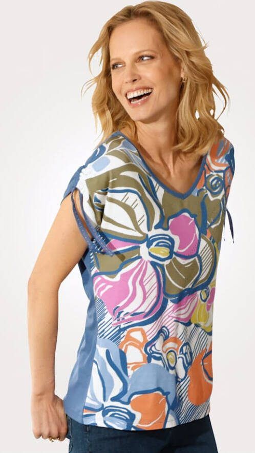 Barbara Lebek Shirt met print Blauw/Ecru/Oranje