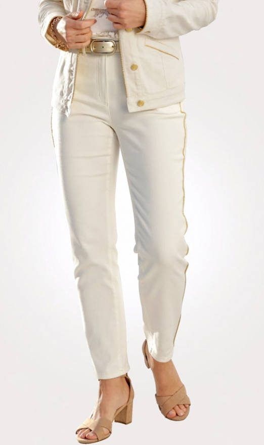 MONA Broek met glitterende bies langs de zijnaad Ecru/Goudkleur